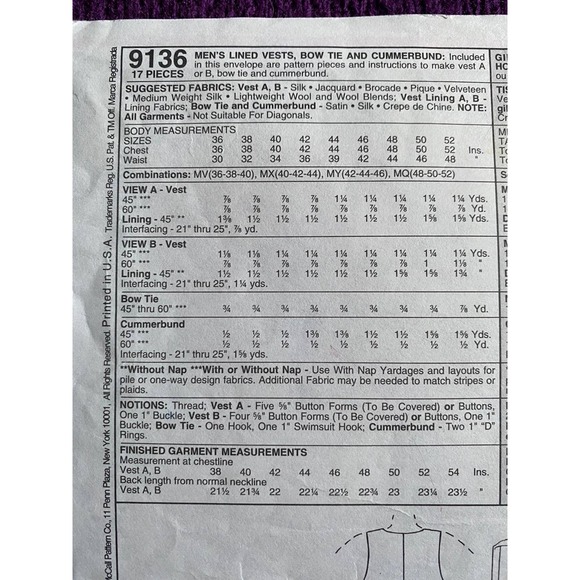 McCalls 9136 mens vest bow tie cummerbund pattern size 36 38 40 - Picture 4 of 6